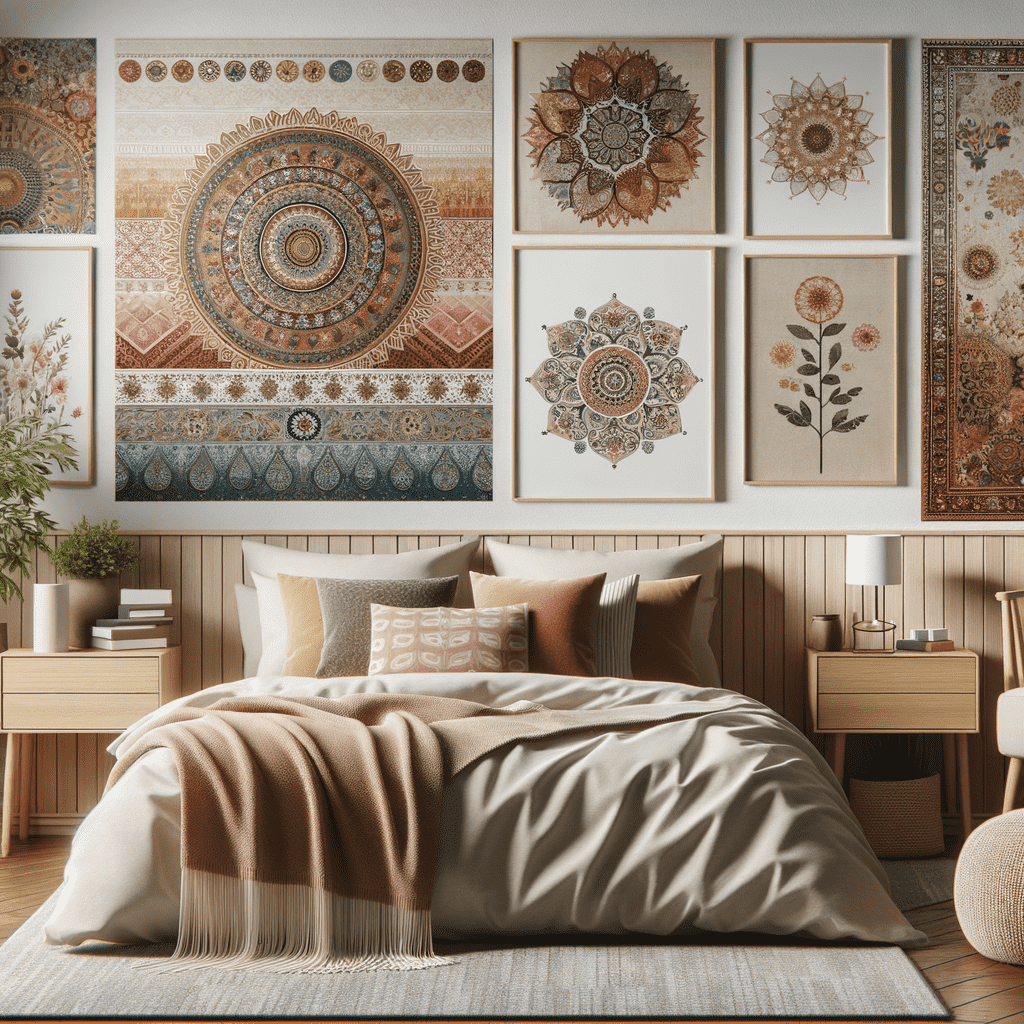 A cozy bedroom with a large bed covered in a beige comforter and brown pillows, flanked by wooden nightstands with plants on them. The wall above the bed is adorned with an eclectic mix of framed art and tapestry featuring mandala and floral designs in earthy tones.