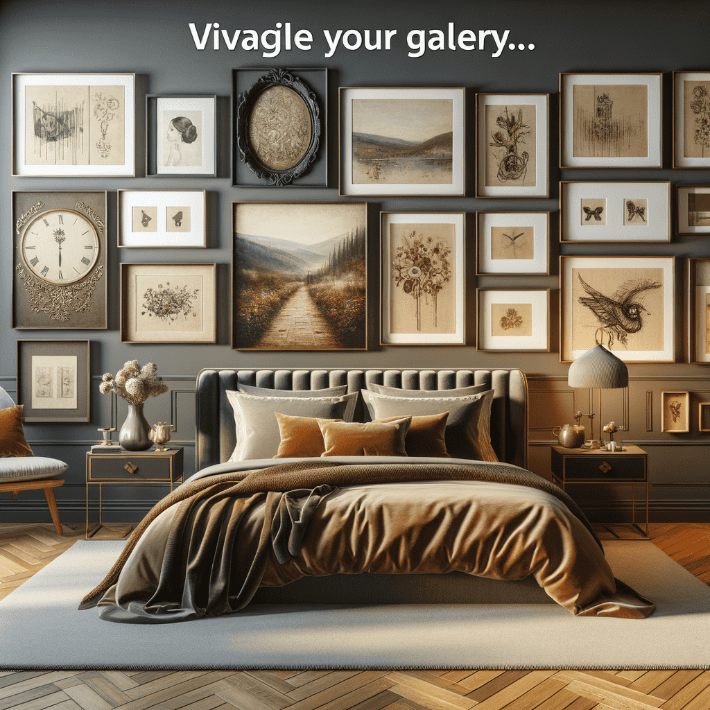 A bedroom with a gallery wall of assorted framed art and decor above a bed with brown bedding and pillows.