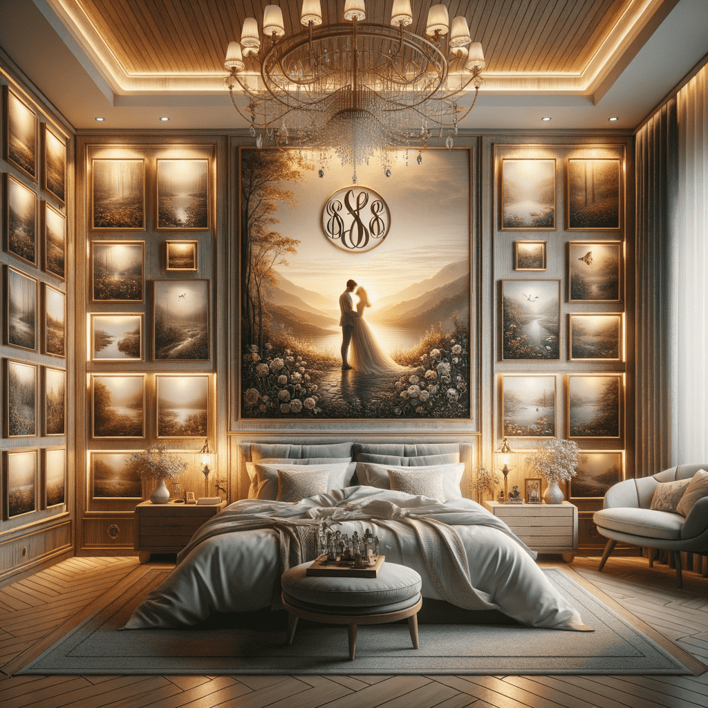 Elegant bedroom showcasing a large wall adorned with framed nature photographs around a central painting of a couple, flanked by built-in shelving, illuminated by a grand chandelier, with a plush bed and cozy sitting area in front.