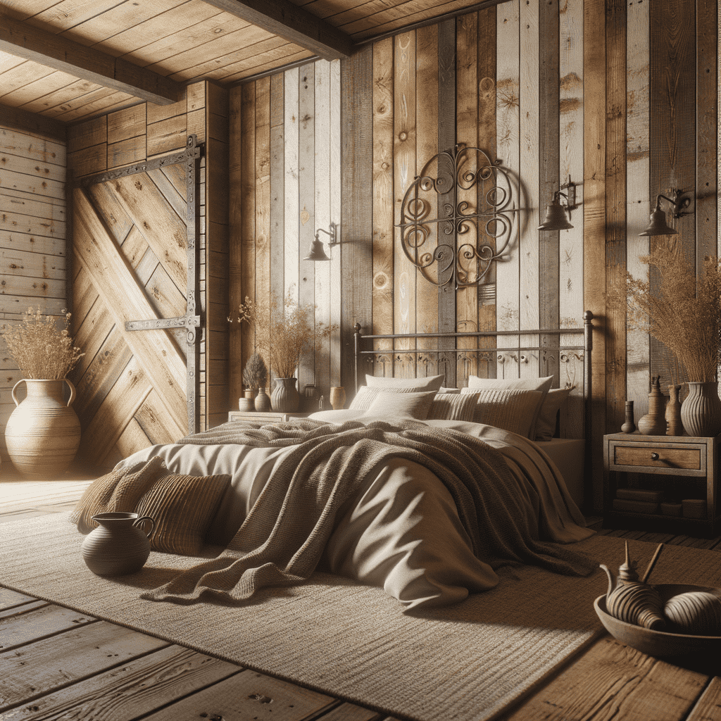 A rustic bedroom with wooden wall paneling and a large barn-style door, featuring a plush bed with neutral bedding and a striking circular metal wall art piece above it. Decorative vases and dried plants add to the cozy ambiance, complemented by warm lighting.