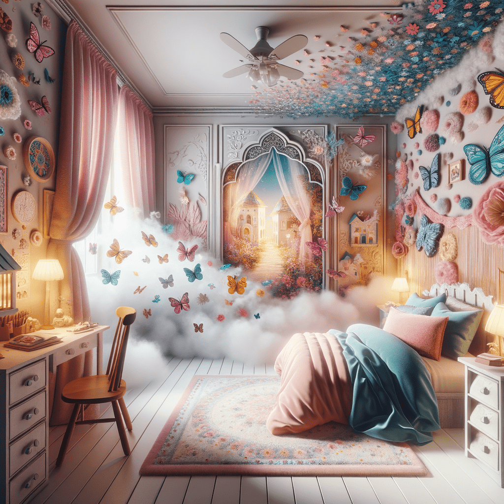 A fantasy-themed bedroom with a mural of an enchanted forest on the wall, butterflies hanging from the ceiling, and a bed with pink and blue bedding; the room features a whimsical, dreamy atmosphere.