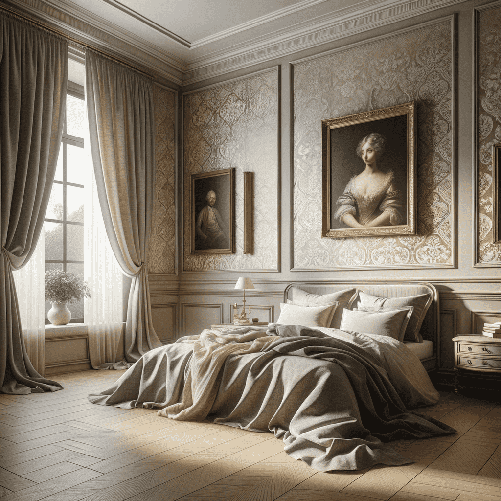 Alt text: An elegant bedroom with classic wall decor featuring two large, framed portrait paintings on patterned wallpaper. The room has rich, floor-length curtains, a plush bed with a soft grey duvet, and ambient natural light from a window.