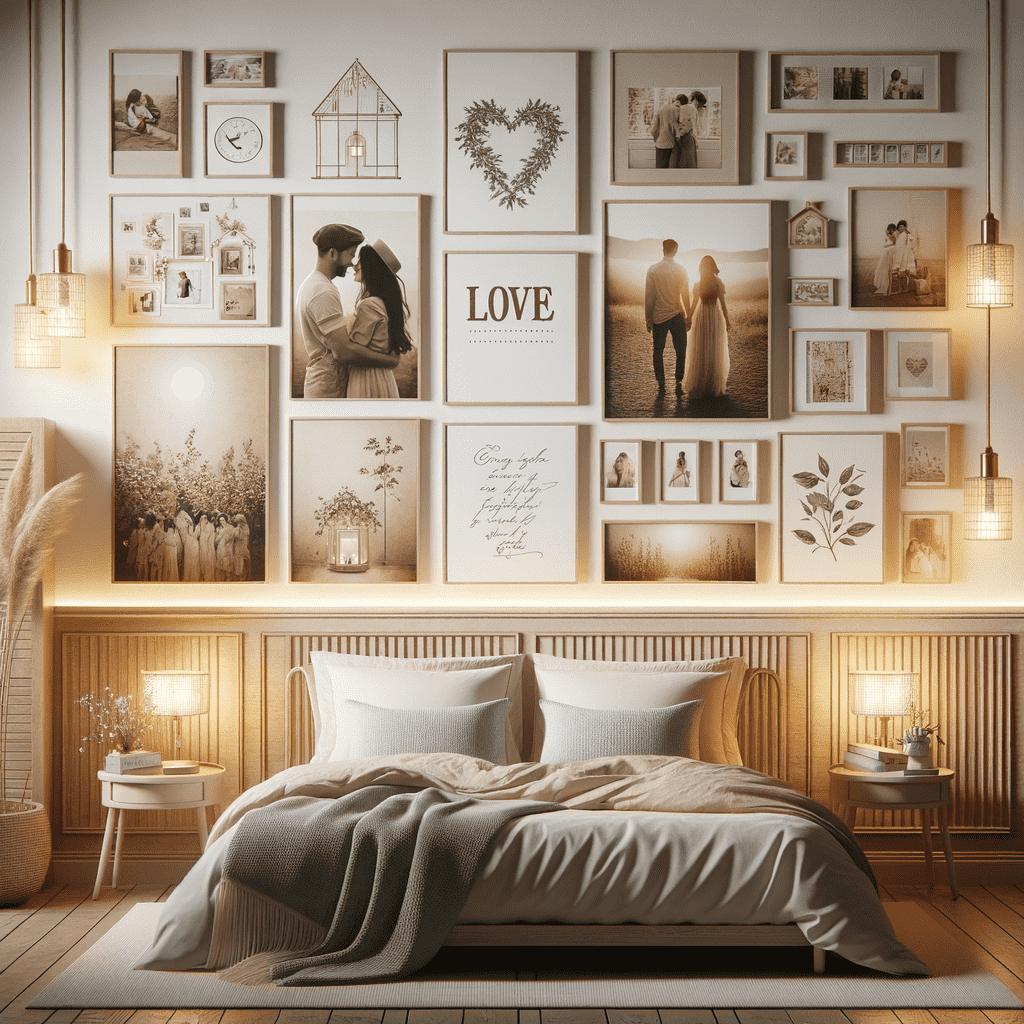 A cozy bedroom featuring a large bed with a cream-colored spread, complemented by a gallery wall of assorted framed pictures, artworks, and decorative items above the bed. Warm lighting enhances the intimate ambiance.