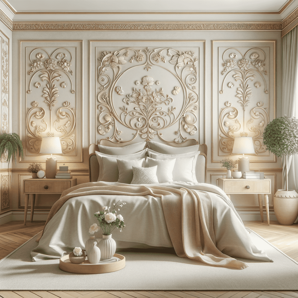Elegant bedroom with classical wall panels featuring ornate floral designs above a bed with neutral-toned bedding. Two nightstands with lamps flank the bed, and there's a touch of greenery with plants.