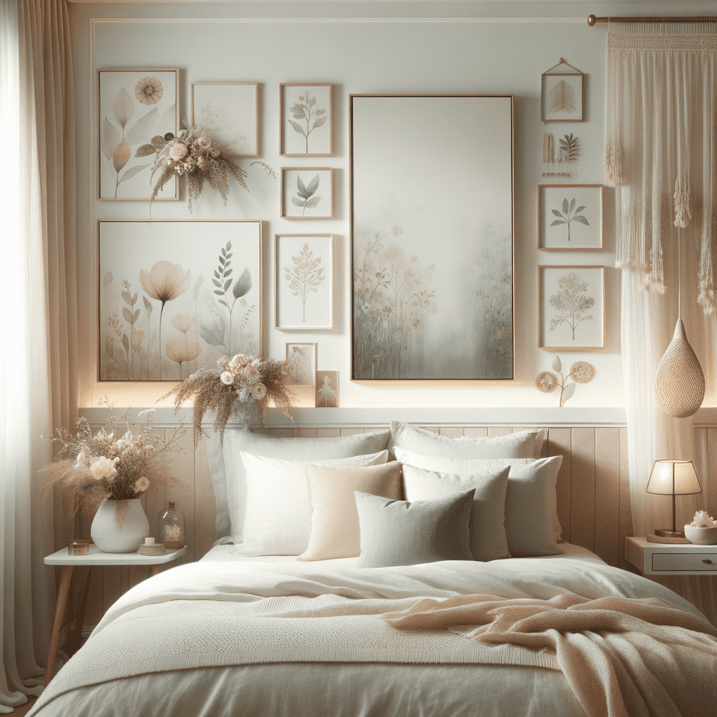 A serene bedroom with a nature-inspired wall decor theme featuring a large central artwork flanked by various framed botanical illustrations and three-dimensional floral art pieces, all in muted, earthy tones. A comfortable bed with neutral bedding and decorative pillows sits in the foreground, complemented by warm ambient lighting and subtle decor accents.
