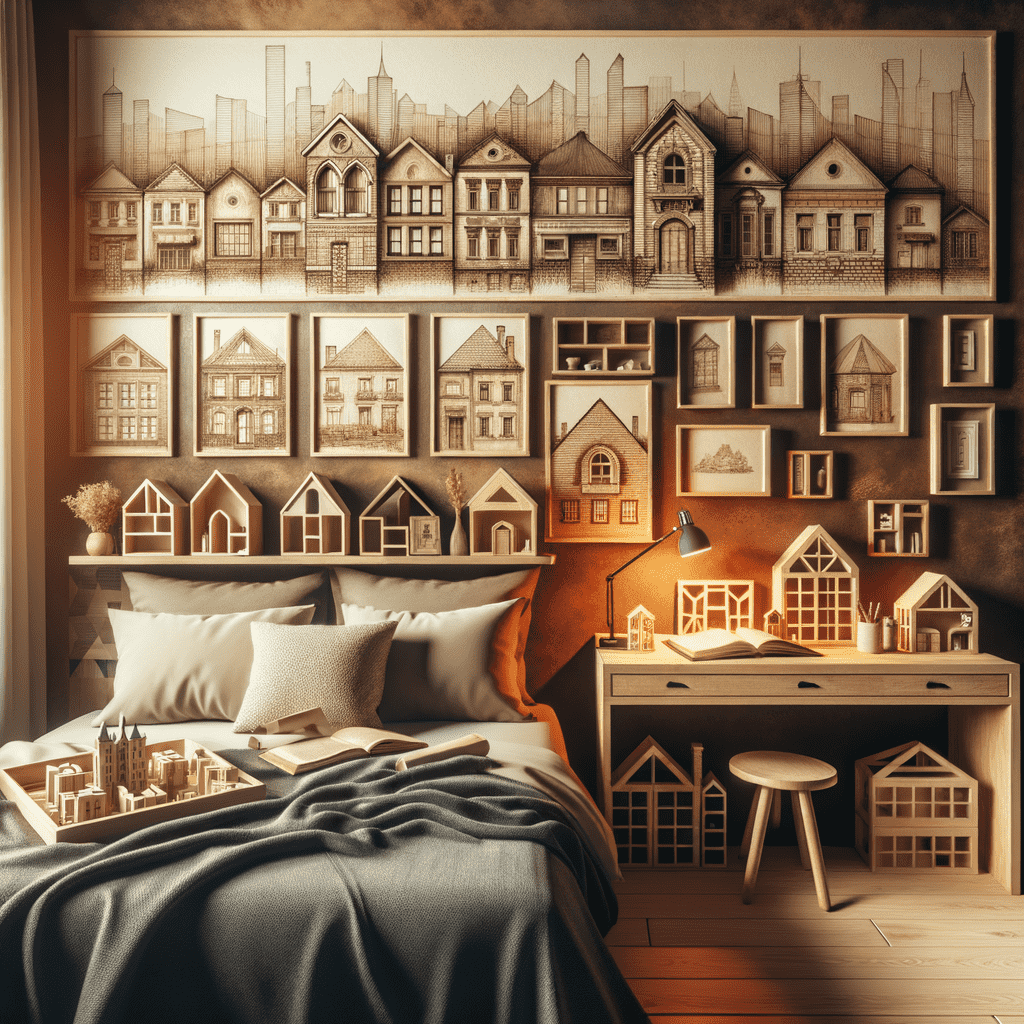 A cozy bedroom with a large wall mural featuring detailed line drawings of various houses above a desk adorned with miniature house models and small shelves displaying decorative items.