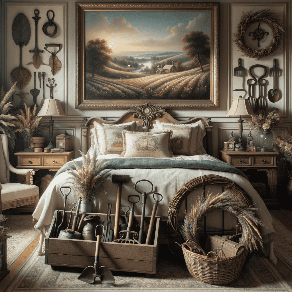 A rustic bedroom with an ornate bed, a large countryside painting above it, vintage gardening tools wall decor, and wicker baskets with dried plants.