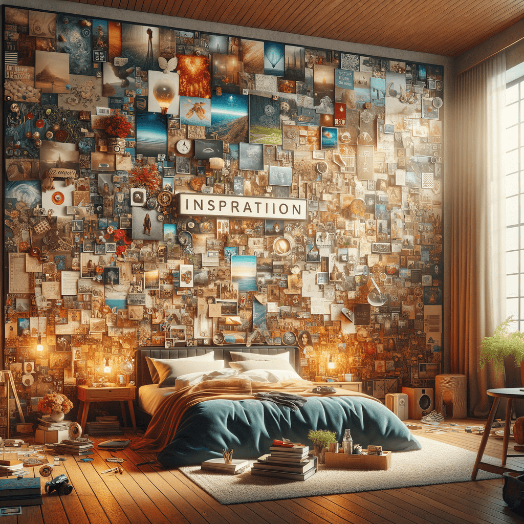 Cozy bedroom with a wall filled with an eclectic collage of pictures, inspiration boards, and decorative items, above a bed with blue bedding, flanked by warm lighting and various personal objects.