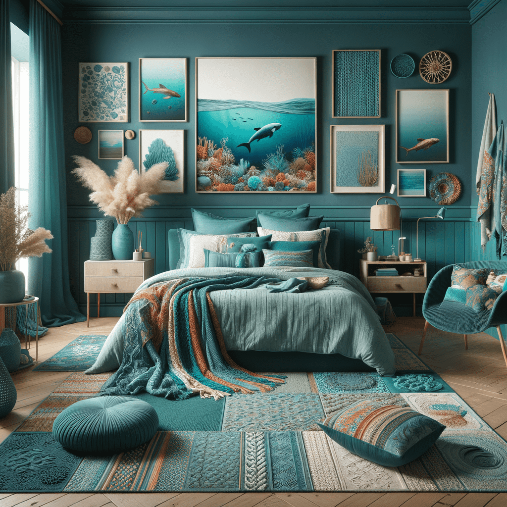 Alt text: A coastal-themed bedroom with blue walls decorated with an assortment of framed art and objects, featuring sea life motifs and complementary hues of blue and turquoise. The room has a matching bed with blue and teal bedding, a throw blanket, and various textured cushions. Decorative items, such as a lamp, vases, and a fluffy plant, adorn the space, creating an immersive and harmonious ocean-inspired ambiance.