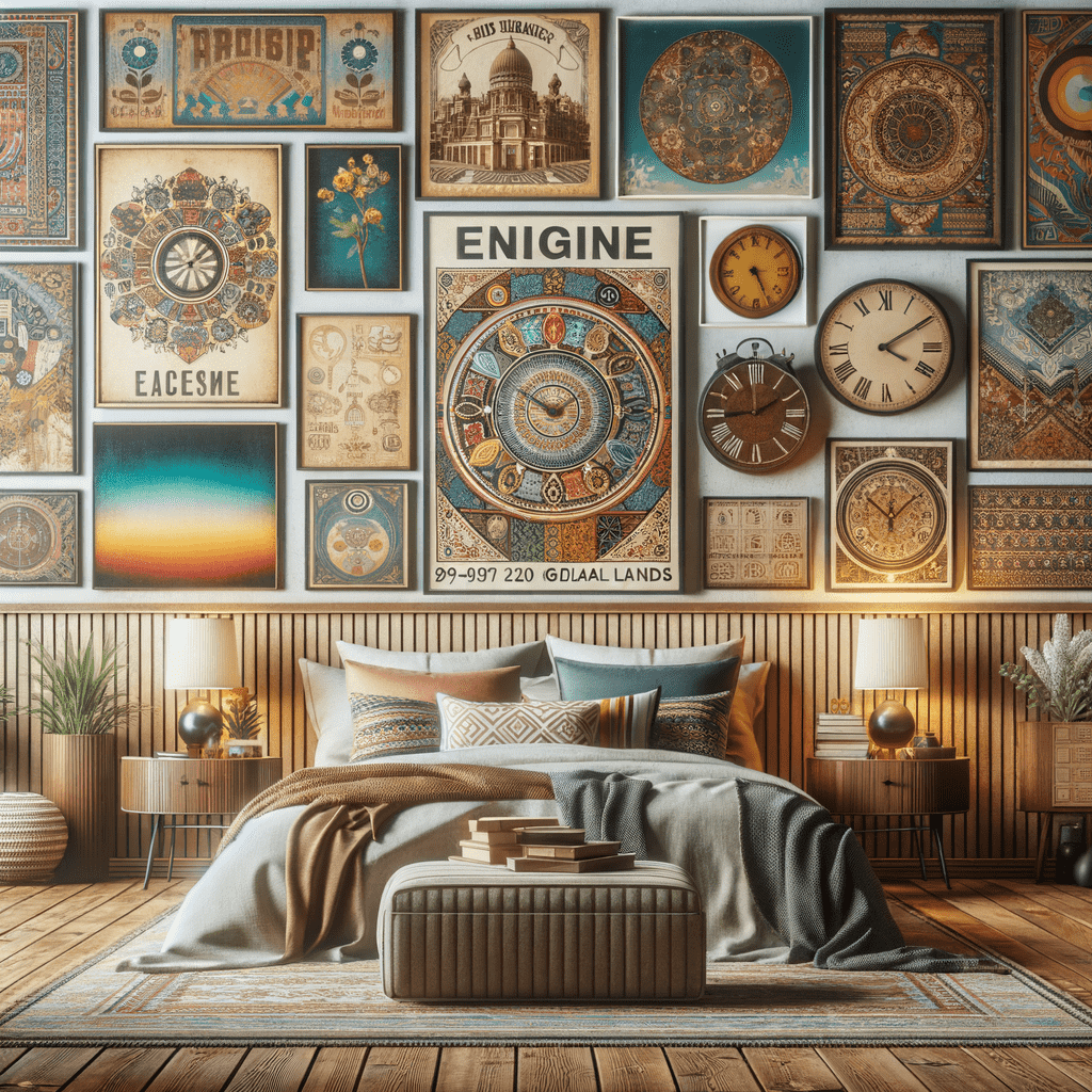 An eclectic bedroom with a wall decorated with an array of framed artworks and clocks above a neatly made bed with patterned pillows, set against a wooden panel backdrop.