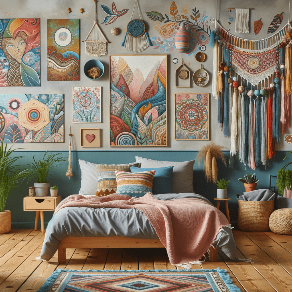 A bohemian-style bedroom featuring a blue wall adorned with various colorful art pieces, hanging decorations, and woven textiles, with a bed dressed in earthy tones and accented with patterned pillows in the foreground.