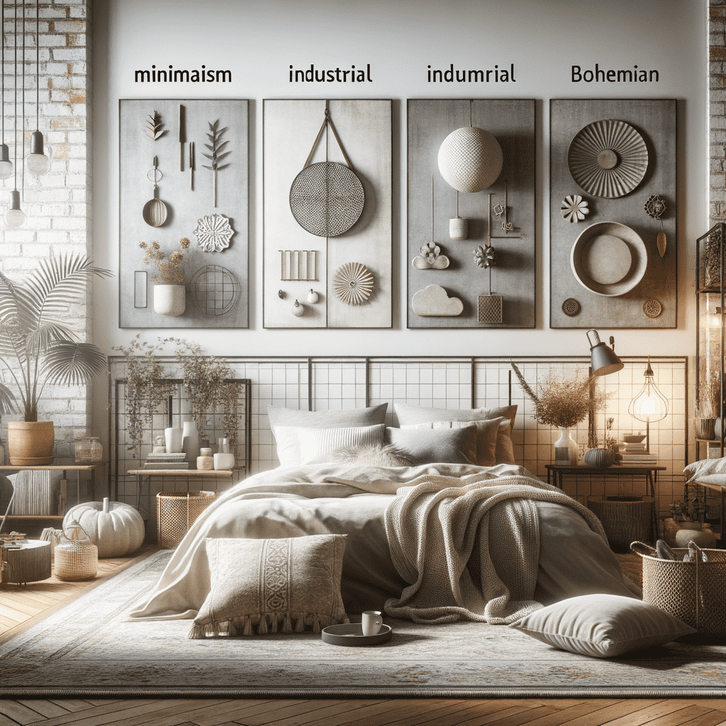 A cozy bedroom featuring a bed with pillows and a gray blanket, flanked by plants and warm lights. The wall above the bed is decorated with a variety of circular and organic shapes, and labeled sections "minimalism," "industrial," and "Bohemian" to showcase different decor styles.