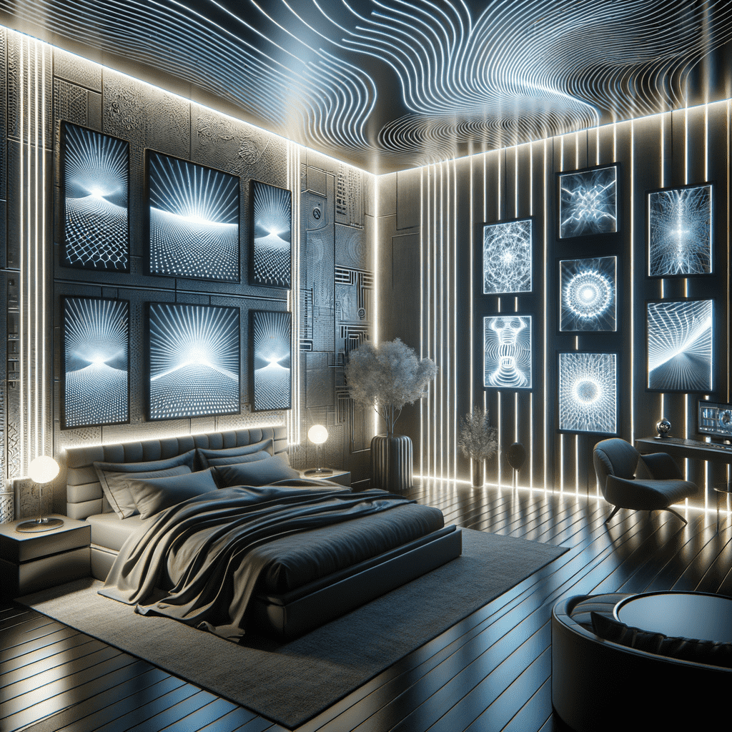 A modern bedroom with futuristic wall decor featuring illuminated panels and framed backlit images, accentuated by dynamic ceiling lighting. The room has a minimalist bed, dark tones, and a sleek design aesthetic.