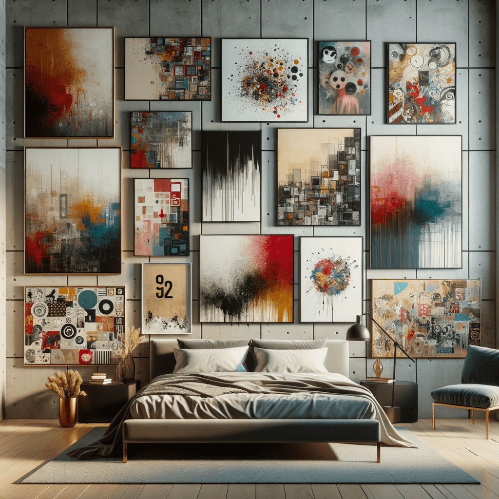 A modern bedroom featuring a large bed with grey and white bedding, and a blue armchair. The wall behind the bed is adorned with a diverse collection of framed artwork of various styles and sizes, arranged in a grid pattern, creating a dynamic and visually compelling gallery wall.