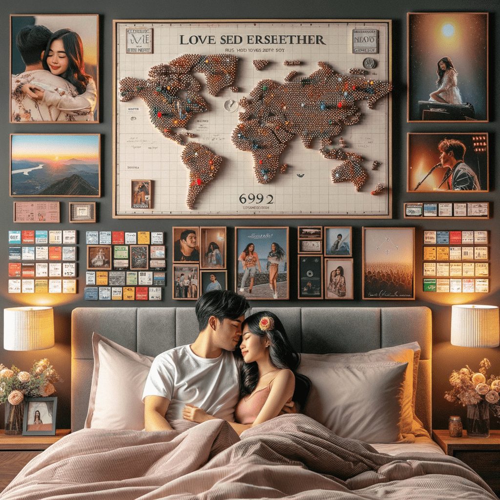 A bedroom wall decorated with a world map pinboard surrounded by various framed photographs, artworks, and a grid of polaroid-style pictures, above a bed where a couple is sitting and embracing each other.