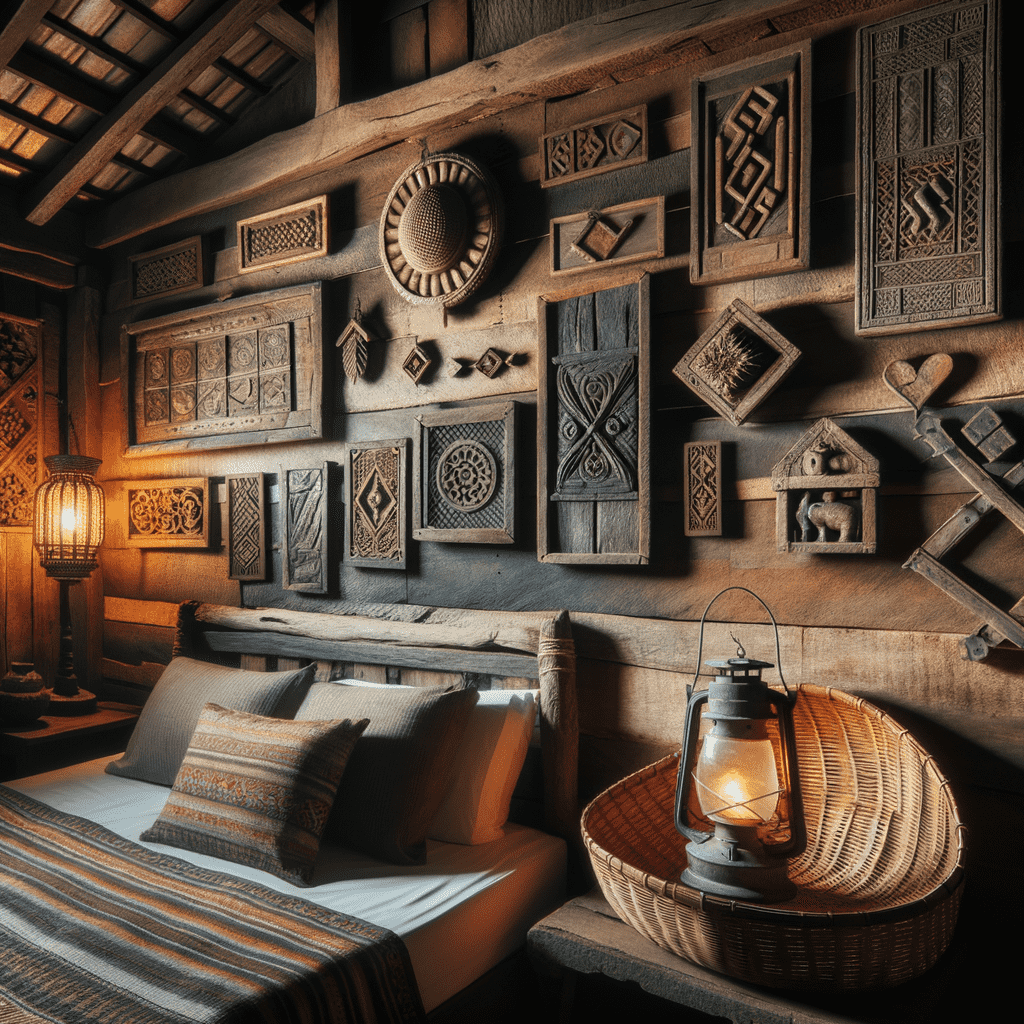 A cozy bedroom with a rustic wall decor featuring an assortment of wooden carved art pieces and geometric patterns, complemented by warm lighting and vintage accents.