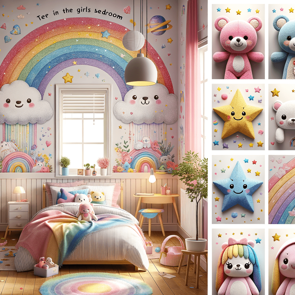 A colorful and whimsical children's bedroom with wall decor featuring smiling clouds, a rainbow, and anthropomorphized star and bear characters in pastel tones. There is a bed with plush toys that match the wall decorations, a small desk and chair, and a round rug with a rainbow pattern.