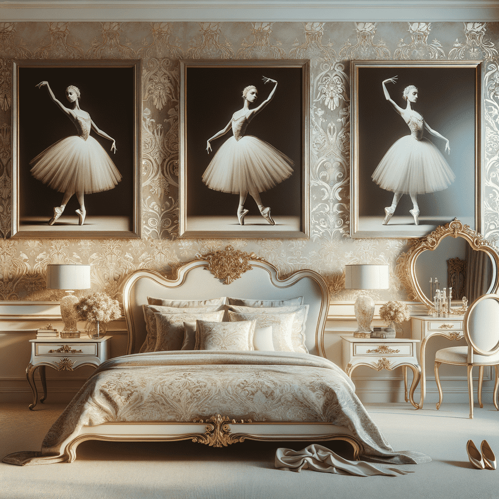 Three framed black and white photographs of ballerinas in various poses decorate the wall above an elegant, classic bedroom set with golden and cream tones.