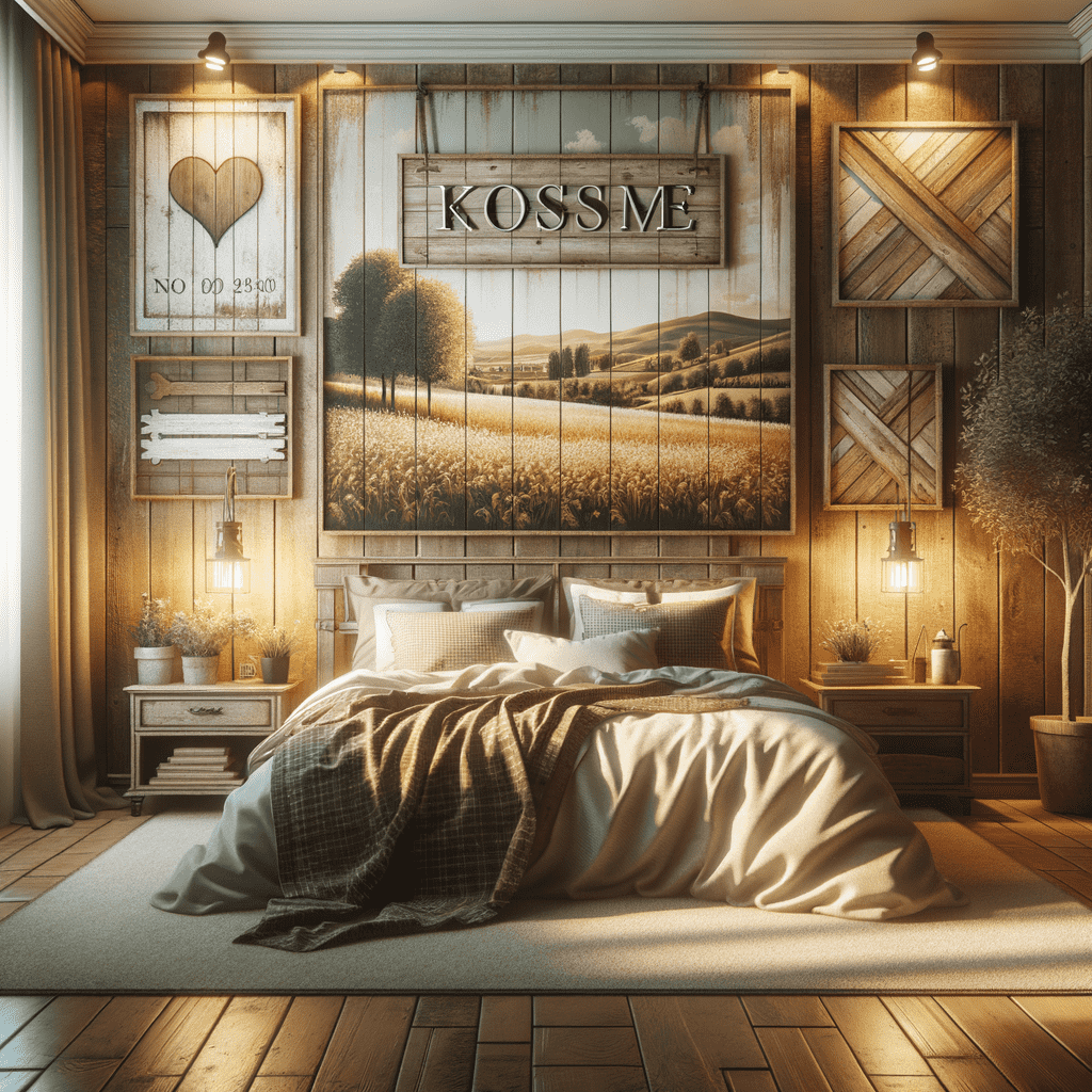 A cozy bedroom with rustic wall decor featuring a large central panel with a field scene and the word "KOSSE," flanked by wooden shutters and heart designs, with warm bedside lighting.