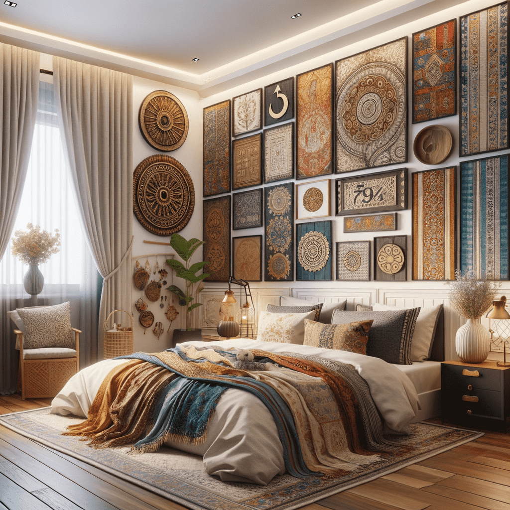 An eclectic bedroom with a wall decorated with an array of ornate tapestries and round mandala art pieces, complemented by warm lighting and traditional decor elements.