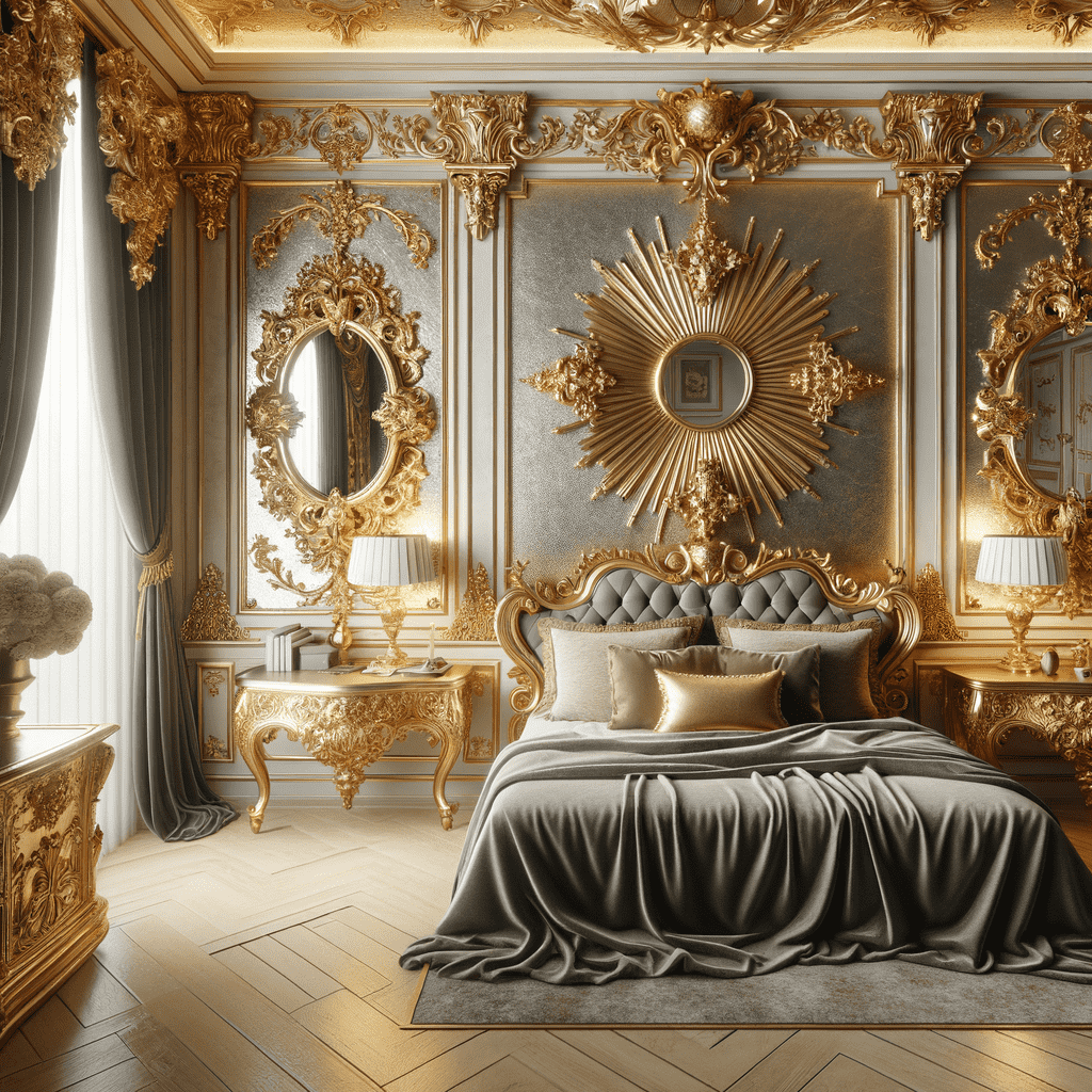 An opulent bedroom with ornate gold and gray wall decor, featuring an elaborate sunburst mirror above the bed as the centerpiece, flanked by two ornate gold framed mirrors, complemented by luxurious furniture and drapery.