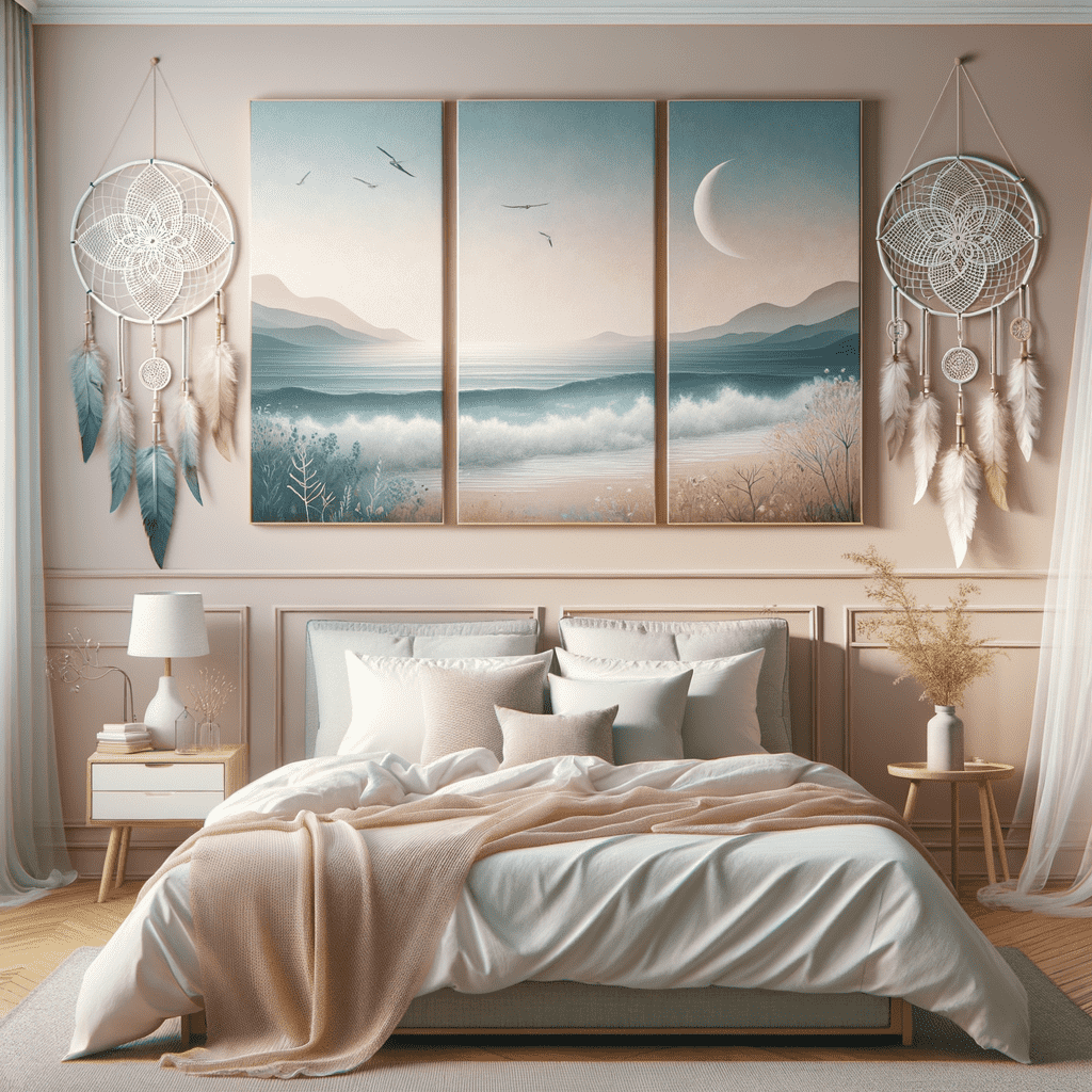 Alt text: A serene bedroom featuring a wall decorated with a four-panel artwork depicting a landscape that transitions from day to night with a moon phase. Two dream catchers hang on either side of the artwork, adding a bohemian touch to the space.