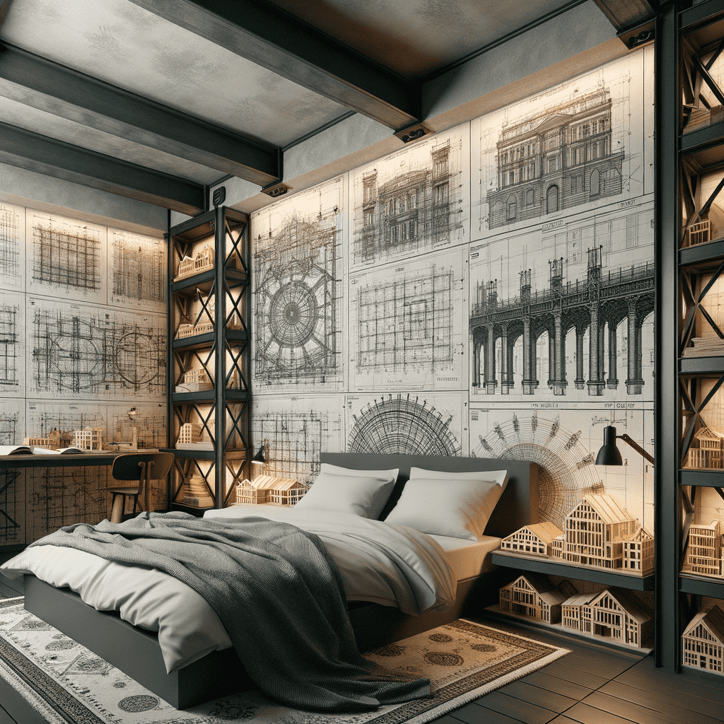 An industrial-themed bedroom with walls decorated with large architectural blueprints, featuring a bed with gray bedding, wooden shelving with decorative items, and a patterned rug on the floor.