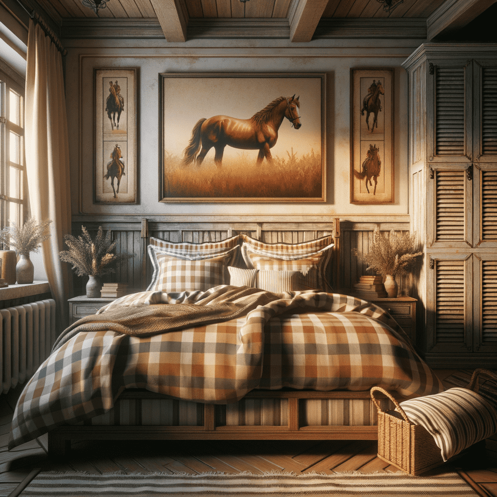 Elegant rustic bedroom with a large central painting of a horse above the bed, flanked by smaller equestrian portraits, all within a warm, wood-paneled room with shuttered windows and cozy plaid bedding.