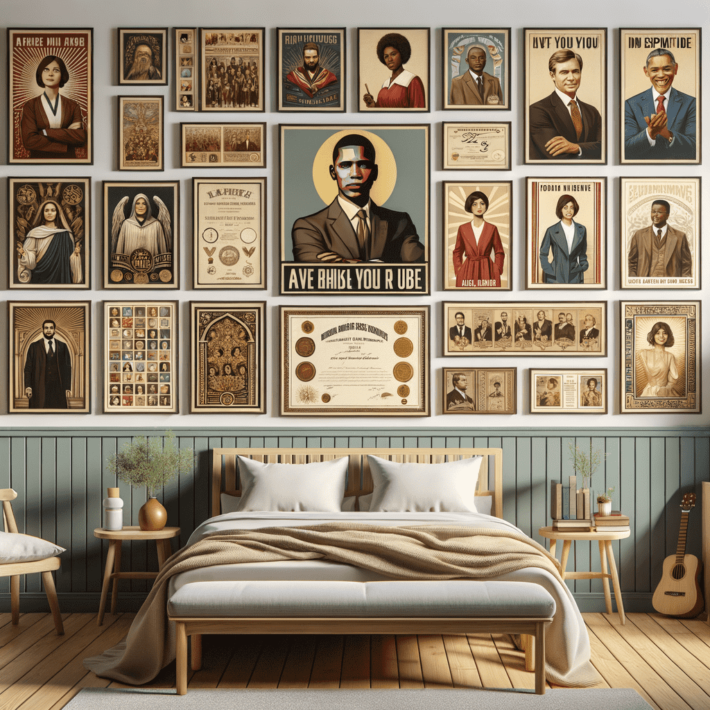 A bedroom with a wall decorated with framed vintage portraits and documents, above a bed with white bedding and a brown throw. There's a wooden bench and guitar to the left, suggesting a cozy, historical-theme decor.