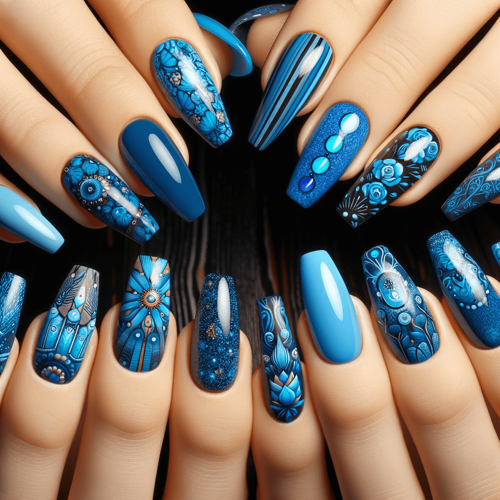 Alt text: A set of hands with nails artfully painted in various shades of blue, featuring intricate designs that include floral patterns, stripes, glitter, and raised beads, showcasing a creative and elaborate nail art idea.