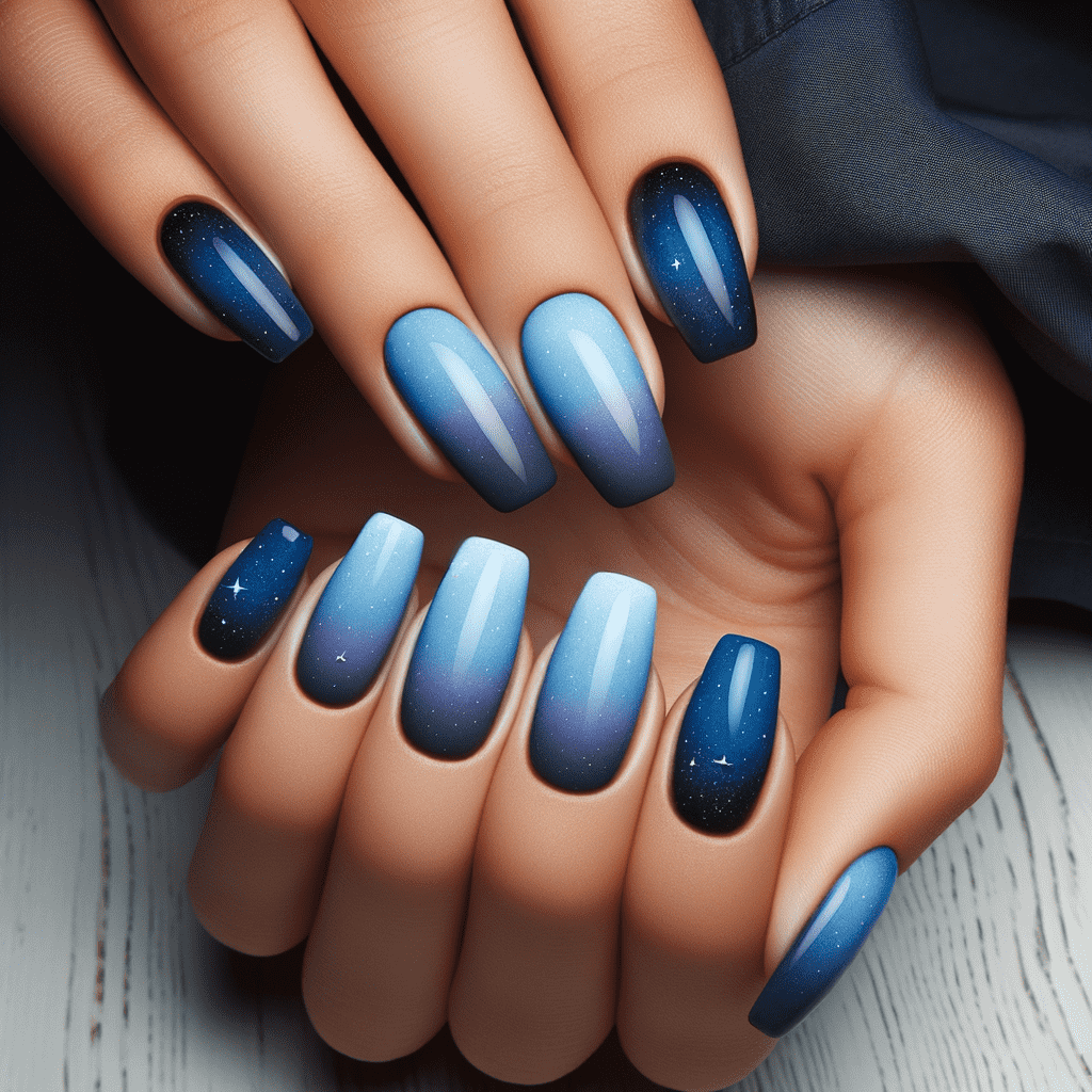 Alt text: A close-up of a person's hands showing long nails painted with a blue ombre design that transitions from a deep midnight blue at the tips to a pastel blue at the base, with subtle speckles resembling stars, giving a celestial night sky effect.