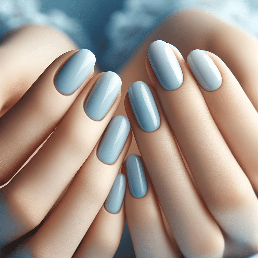 A close-up of hands with neatly manicured, oval-shaped nails painted in a soft blue shade.