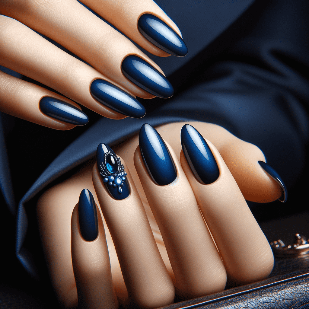 Alt text: Elegant blue almond-shaped nails with a glossy finish, featuring an accent nail adorned with a jeweled design on a person's hands posed gracefully on a dark backdrop.