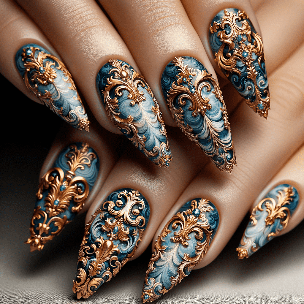 Alt text: Elaborate blue and gold nail art featuring intricate swirl patterns and metallic accents on long, sculpted nails.