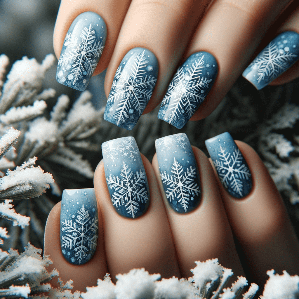 Blue nails with white snowflake designs, accentuated by a wintry frost background.