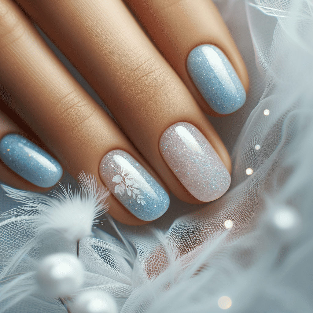 Alt text: A close-up of a hand displaying a manicure with soft blue nail polish, featuring a delicate sparkle effect and a small white flower design on the ring finger nail, complemented by a background of soft white fabric and pearls.