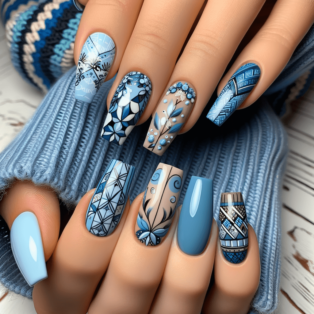 A set of beautifully decorated nails featuring a blue color scheme with intricate white patterns and accentuated with rhinestones; some nails have solid blue color while others have detailed designs including geometric shapes and floral motifs.