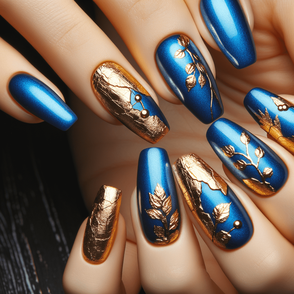 A set of manicured nails with a glossy blue finish and gold foil accents in leaf patterns.