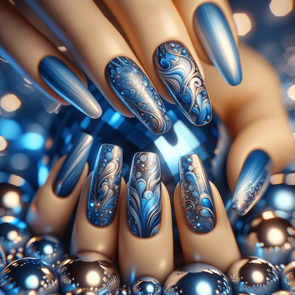 A set of elegant long nails with intricate blue and silver swirl designs, showcased against a backdrop of glossy spheres reflecting the same color palette.