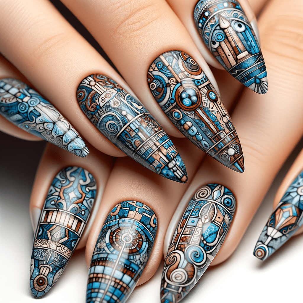 Elaborate blue and white steampunk-inspired nail art on long, pointed nails.
