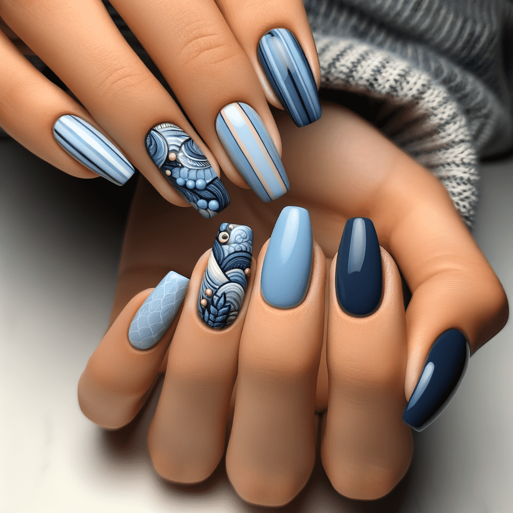 A set of manicured nails featuring various shades of blue with different designs, including stripes, solid colors, and a detailed graphic pattern on two fingers.