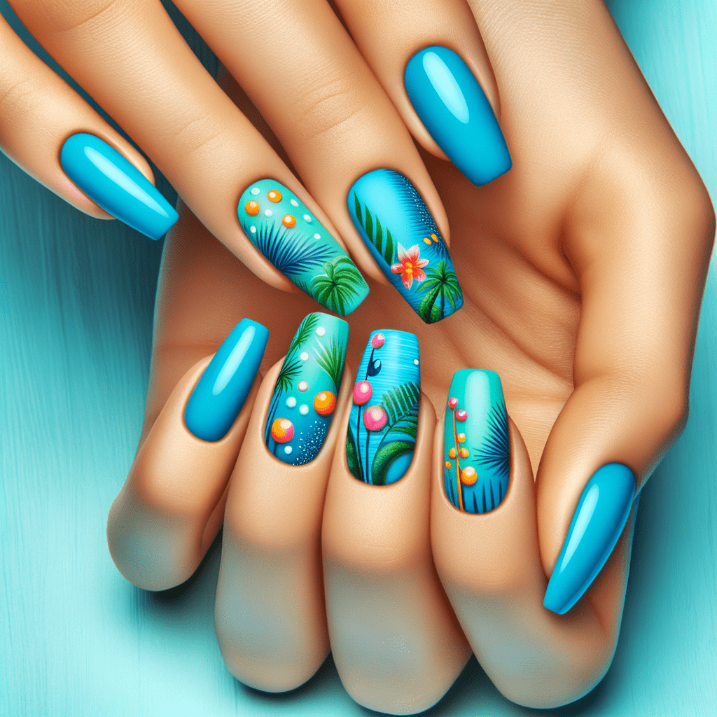 Alt text: Bright blue nail polish on manicured nails with tropical floral and palm leaf designs on accent nails.