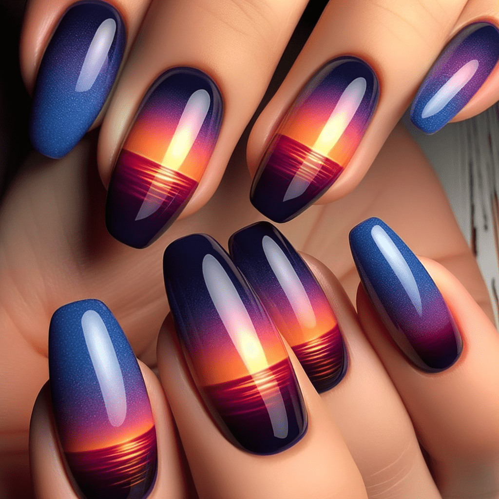 Alt text: A set of long, almond-shaped nails featuring an ombre design that transitions from a matte deep blue to a shiny, iridescent purple with a glowing yellow-orange center, resembling a sunset.
