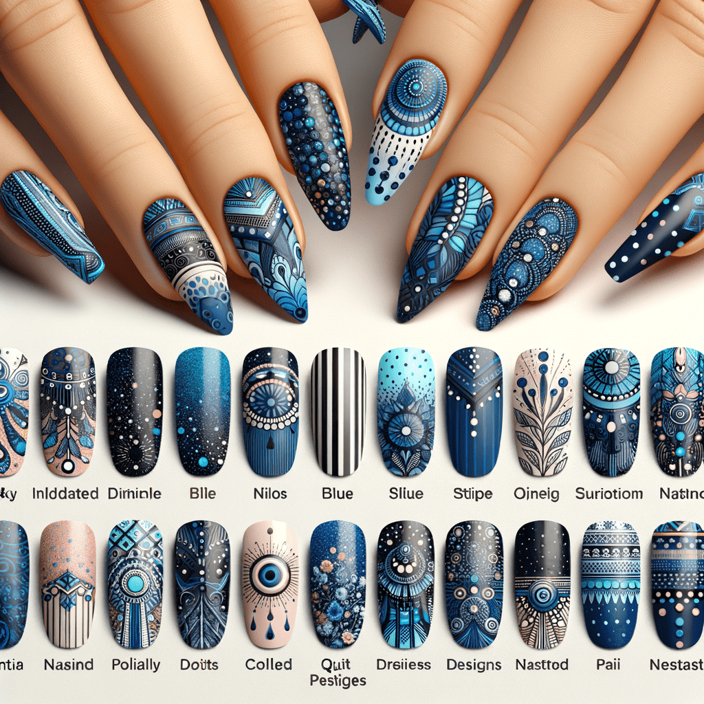 Alt text: A collection of blue nail art designs featuring various patterns such as dots, stripes, florals, and abstract details, showcased on multiple hands.