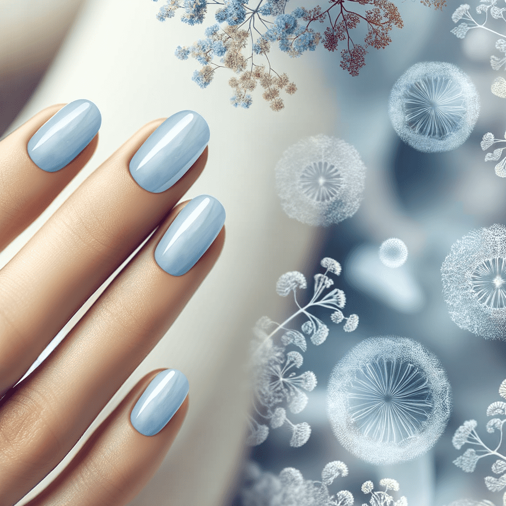 A close-up image of a hand with sky blue nail polish on oval-shaped nails, with a soft-focus background featuring delicate white dandelion seeds and flowers.