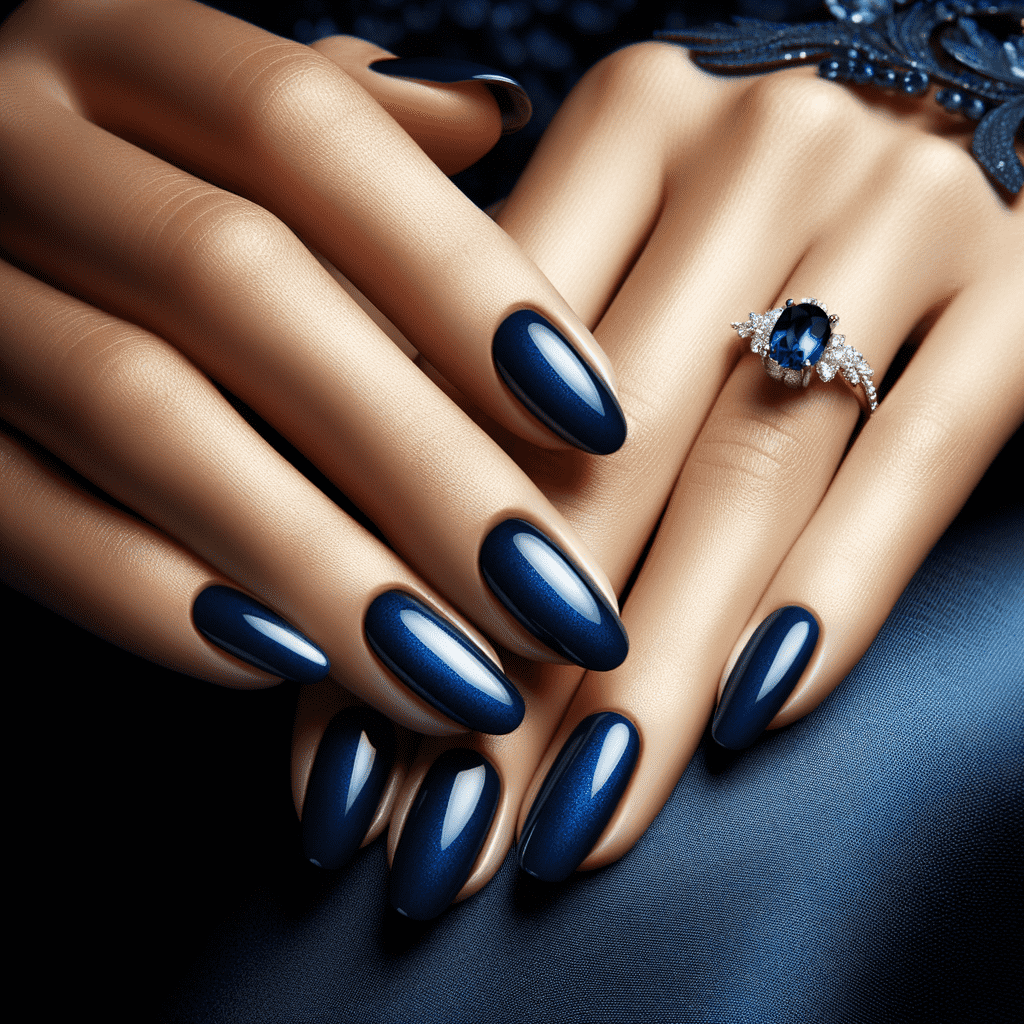 Elegant hands with glossy, dark blue stiletto-shaped nails, featuring a silver ring with a large sapphire and diamond accents, resting on a luxurious blue lace background.