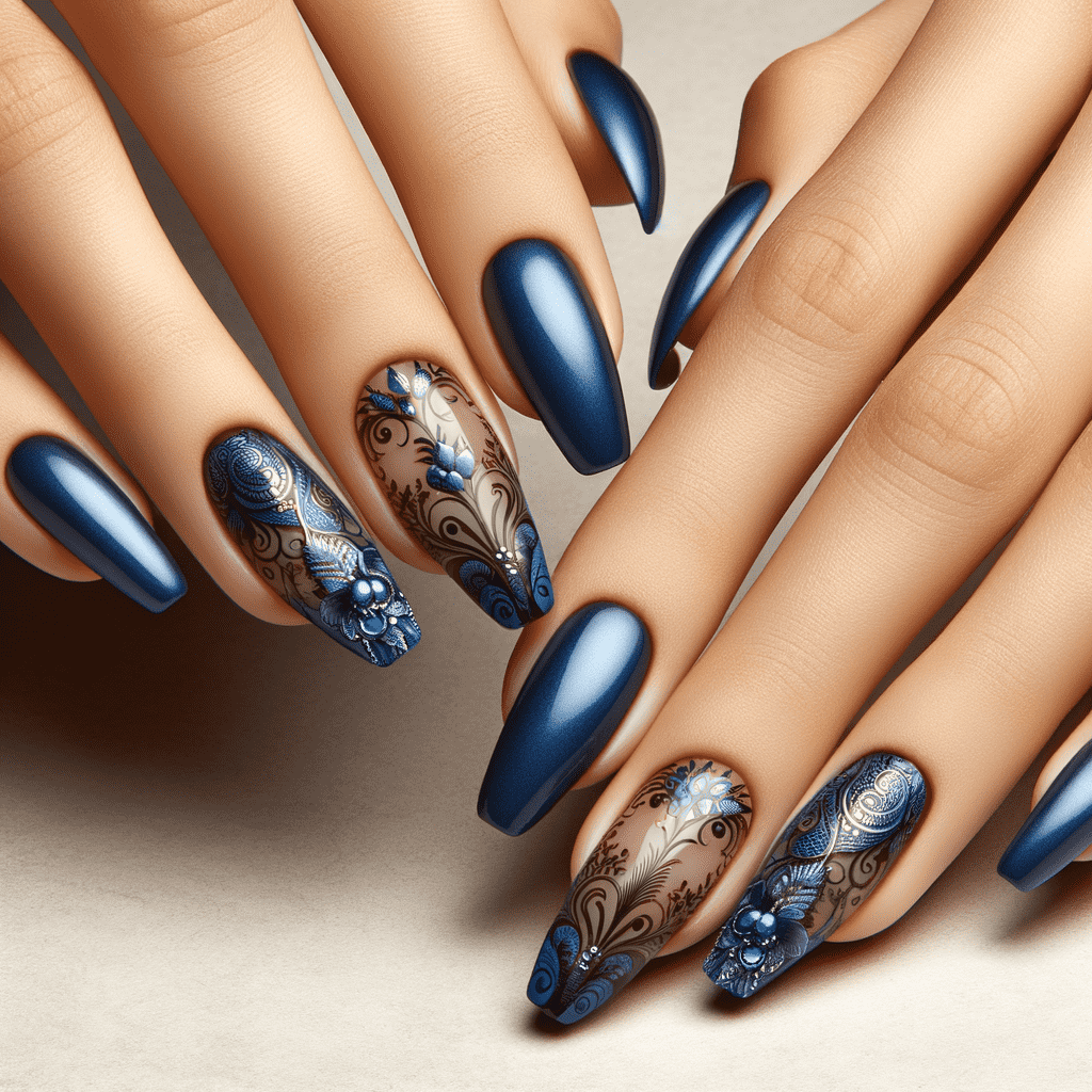 An image showcasing an elaborate manicure with long, stiletto-shaped nails featuring a glossy deep blue color and intricate gold and white floral patterns on accent nails.