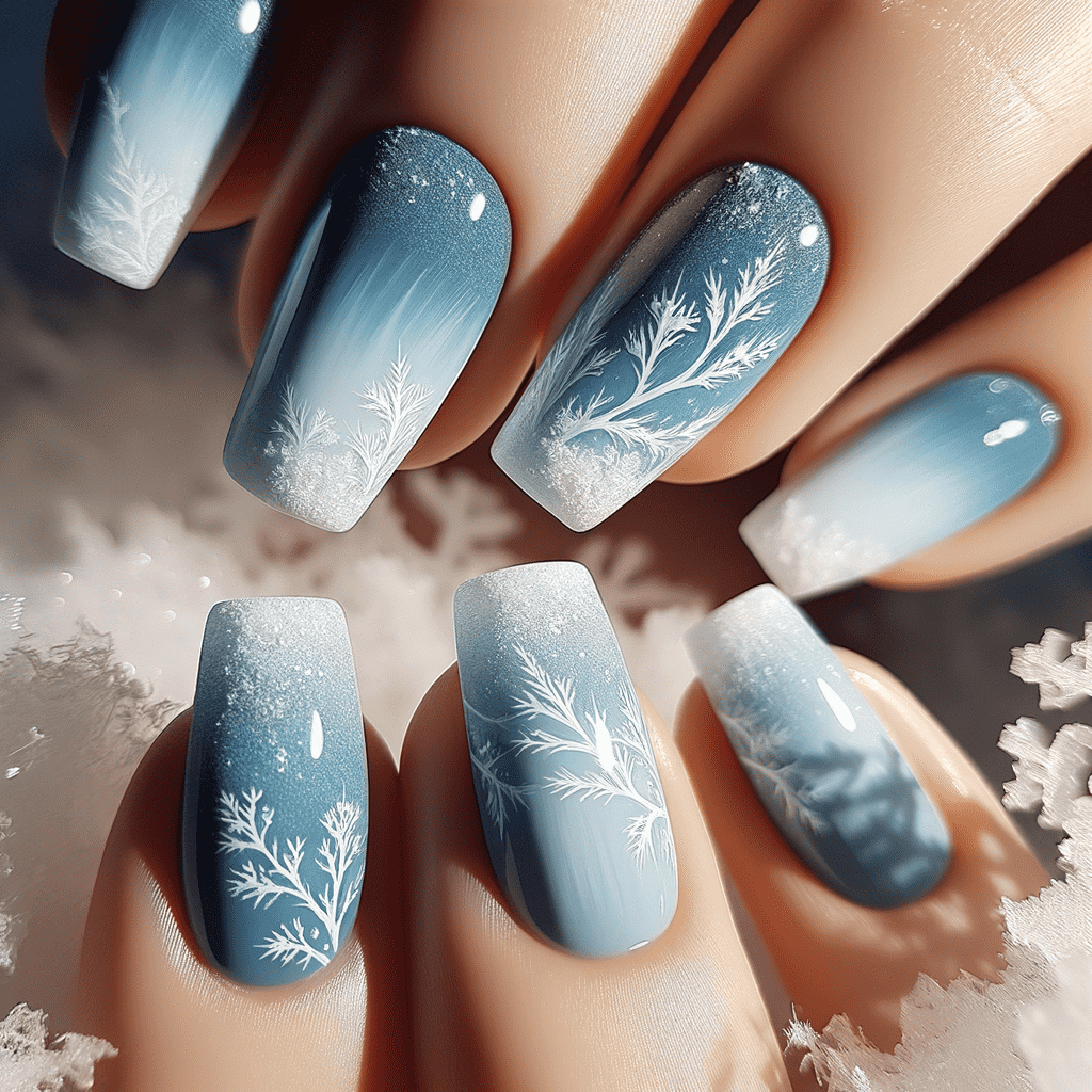 Alt text: Elegant ombre blue nails with delicate white snowflake and branch designs, showcasing a wintry theme.