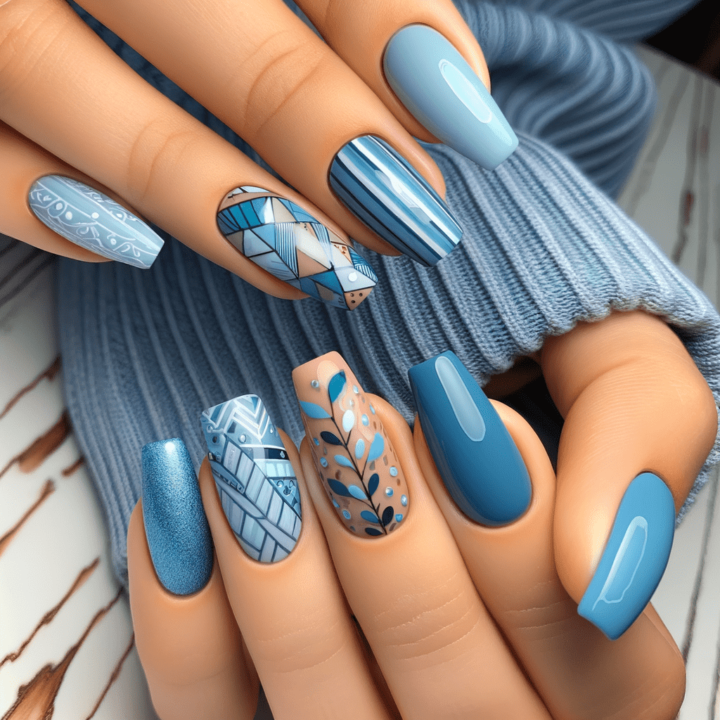 A set of manicured hands with nails painted in various shades of blue, some featuring intricate geometric and botanical designs, against a blue sweater background.