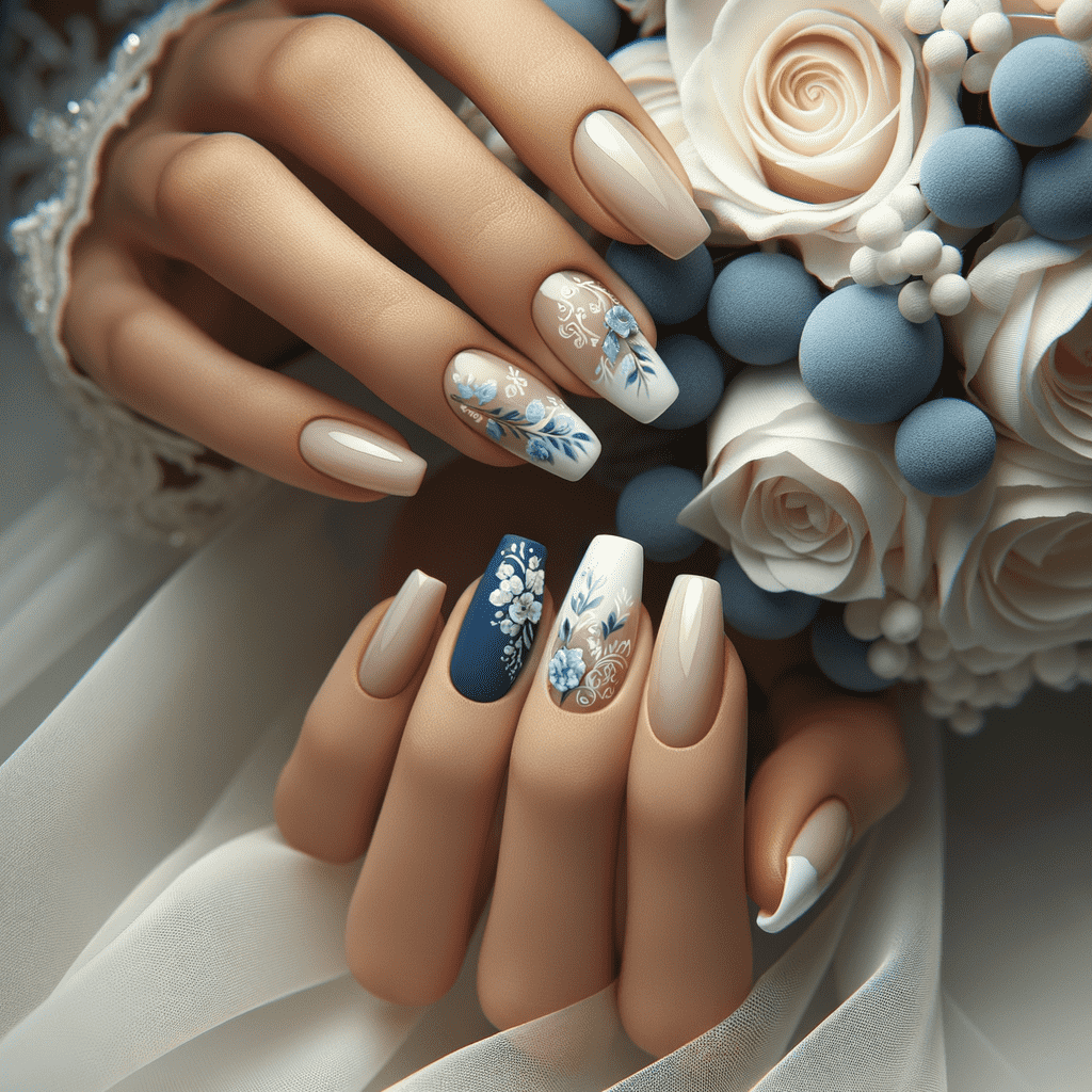 Alt text: A close-up image of hands with elegant manicured nails in shades of blue and neutral tones, some featuring intricate floral designs, resting against a fabric with a complementary bouquet of blue and white flowers.